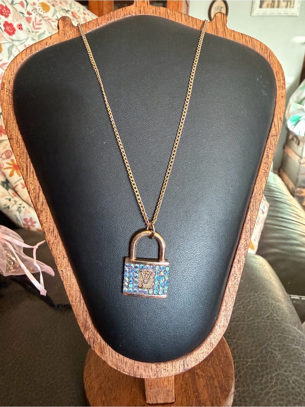 Upcycled Gold Padlock Pendant Necklace with Blue Crystal Pavé